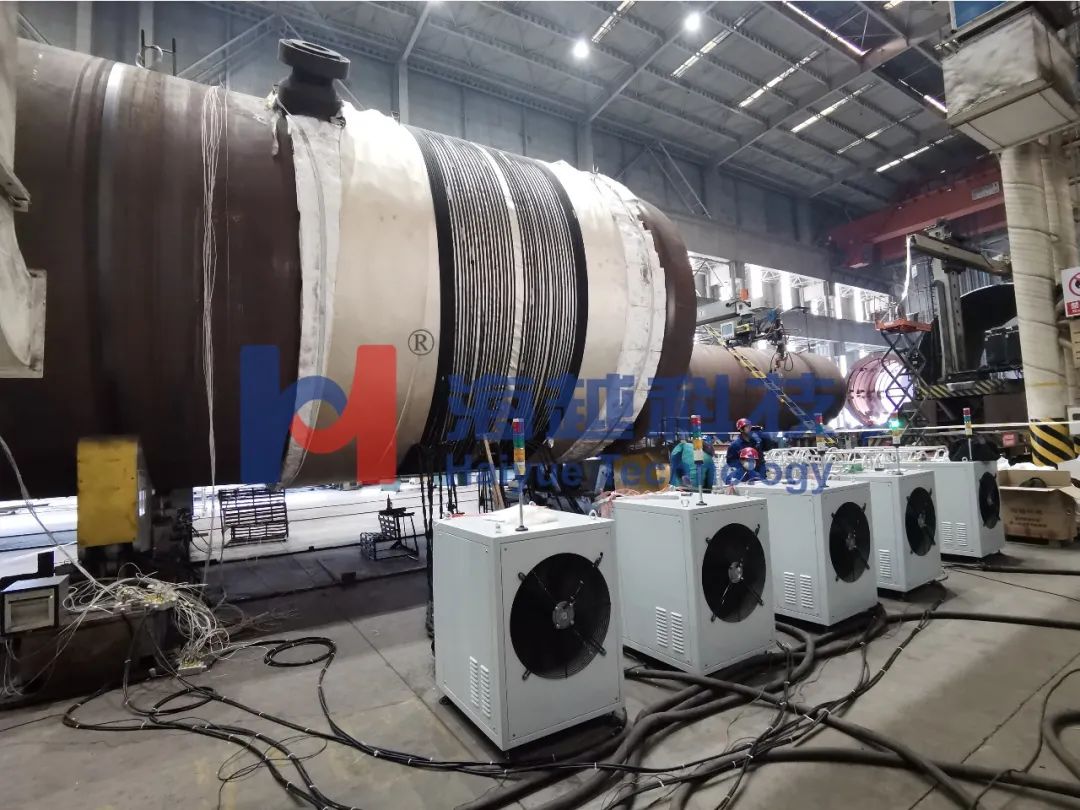 內(nèi)徑4000mm,壁厚288mm,熱處理溫度705±14℃(多臺(tái)大功率電源同頻同步運(yùn)行)